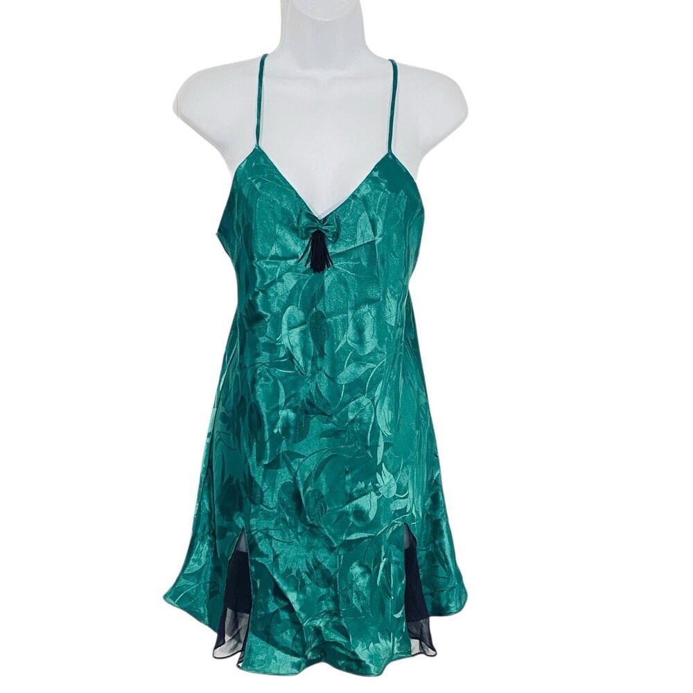 VTG 90s Victorias Secret M Gold Label GREEN chemise TASSLE Nightie Jacquard poly